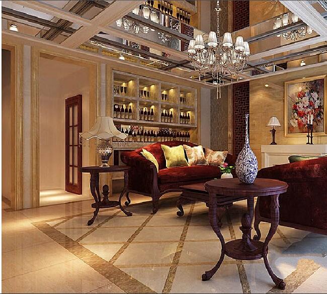张家口鹏跃龙城欧式全镜面吊顶客厅红酒架红实木茶几绒布沙发效果图